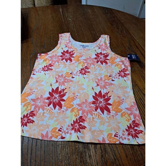 New Large Basic Editions Sleeveless Cotton Floral Tank Top Red Coral Yellow NWT - Picture 5 of 7